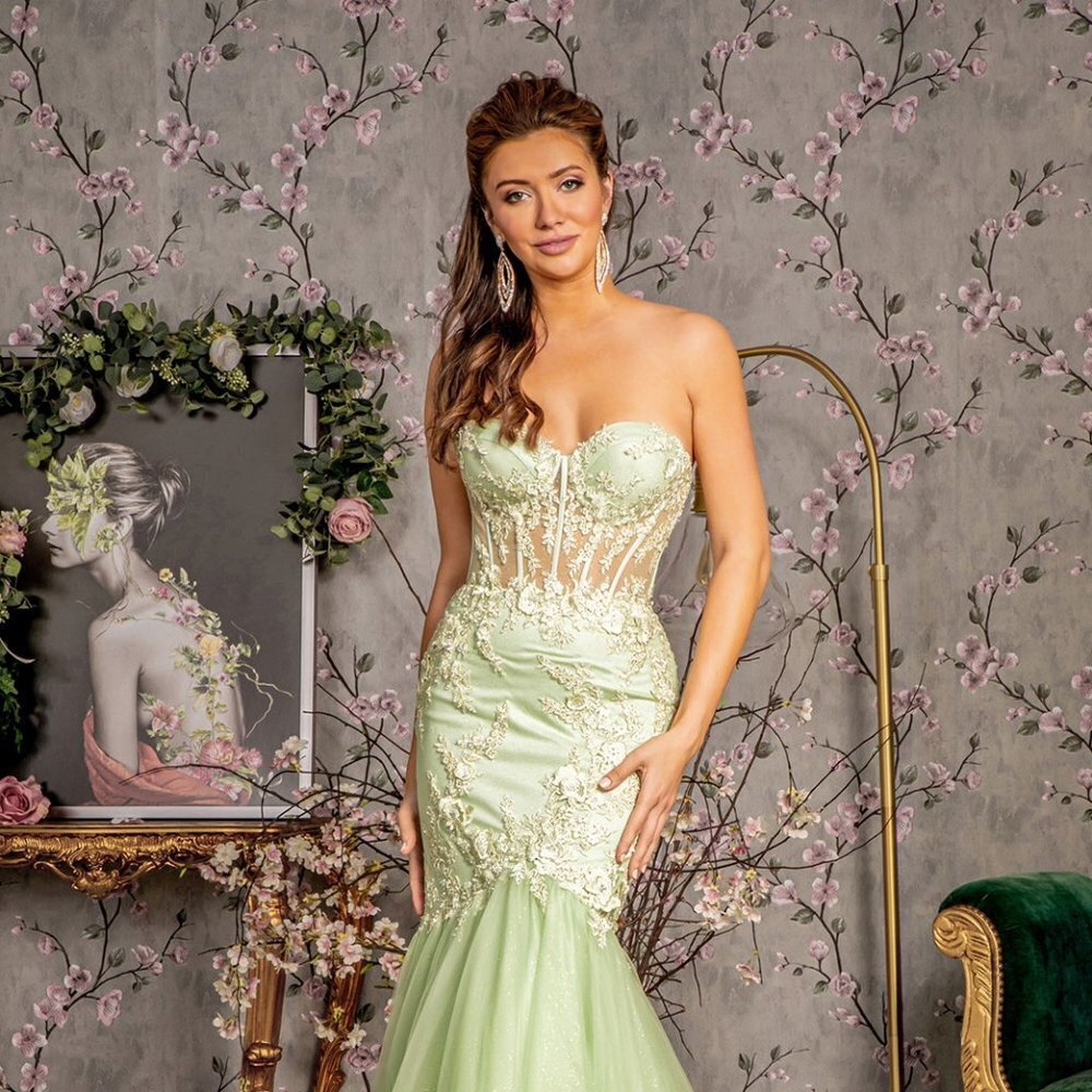 NEW LONG FORMAL SLEEVELESS STRAPLESS DRESS EMBROIDERED WITH FLORAL LACE GL3211